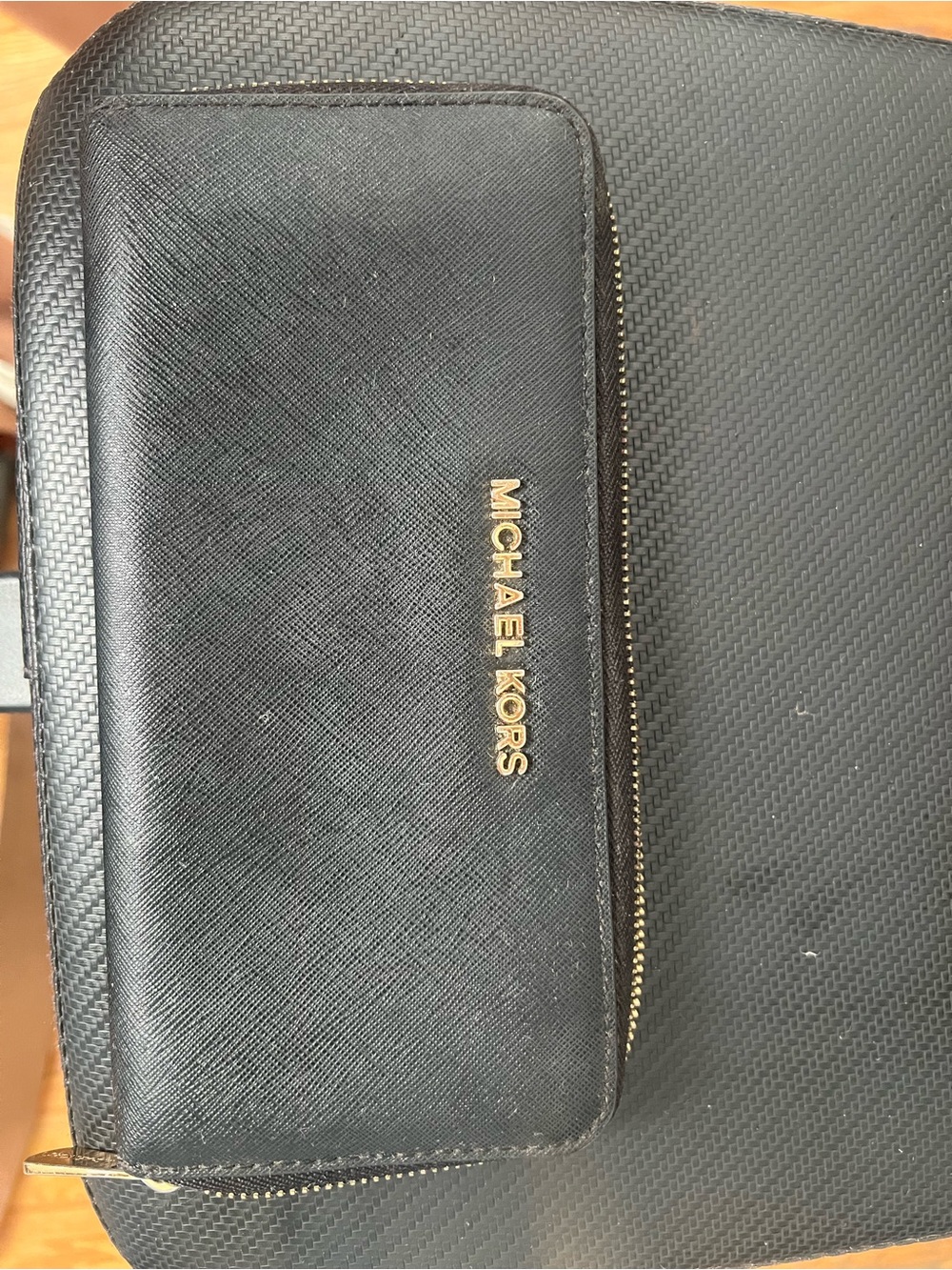 Michael Kors Black Saffiano Zip-Around Wallet with Gold Logo